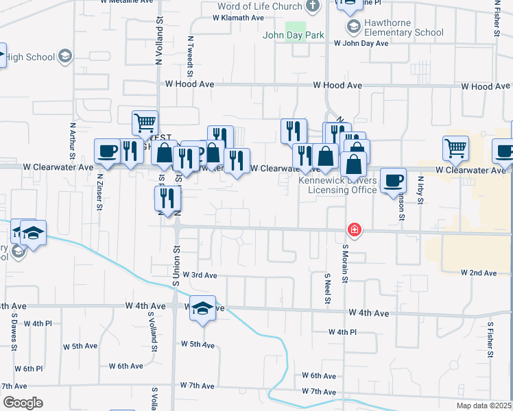 map of restaurants, bars, coffee shops, grocery stores, and more near 30 North Sheppard Place in Kennewick