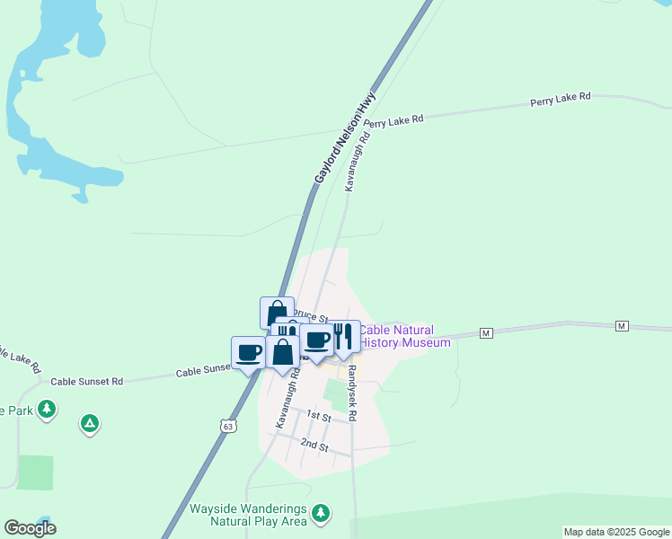 map of restaurants, bars, coffee shops, grocery stores, and more near 43690 Kavanaugh Road in Cable