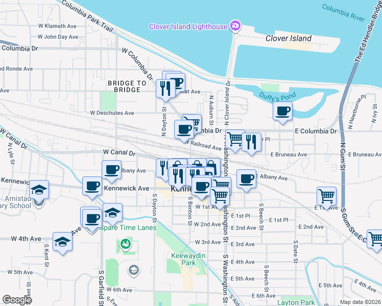 map of restaurants, bars, coffee shops, grocery stores, and more near 204 North Benton Street in Kennewick