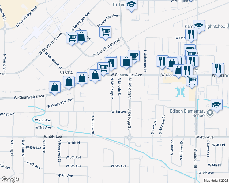 map of restaurants, bars, coffee shops, grocery stores, and more near 16 North McKinley Street in Kennewick