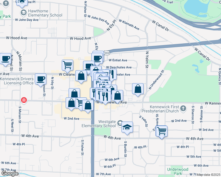 map of restaurants, bars, coffee shops, grocery stores, and more near 2600-2698 W Albany Ave in Kennewick