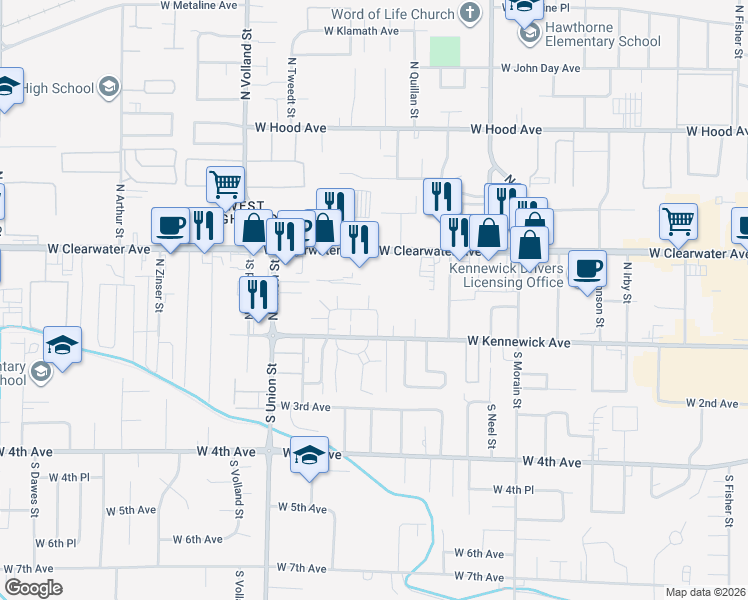 map of restaurants, bars, coffee shops, grocery stores, and more near 4108 West Albany Avenue in Kennewick