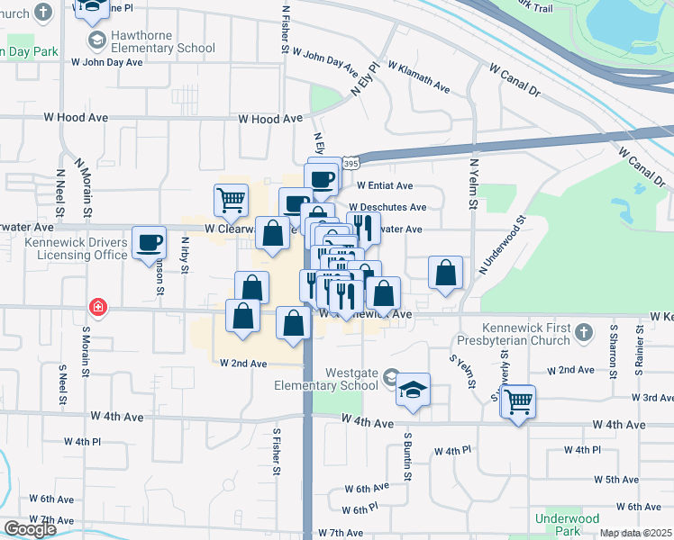 map of restaurants, bars, coffee shops, grocery stores, and more near 2698 West Albany Avenue in Kennewick