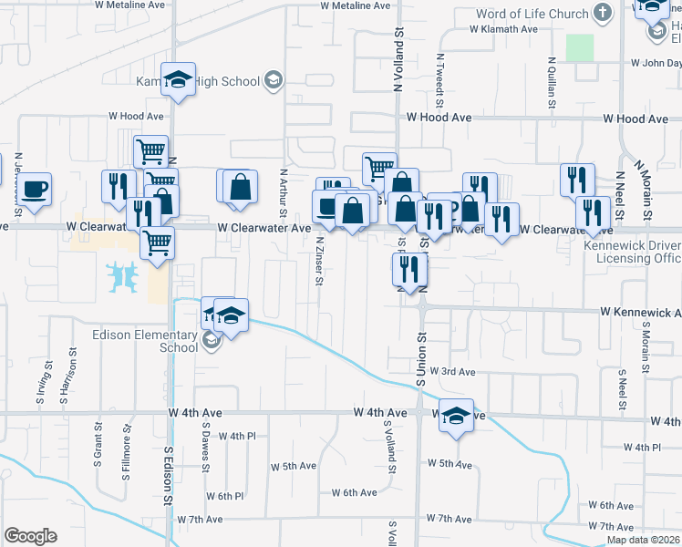 map of restaurants, bars, coffee shops, grocery stores, and more near 103 N Yost St in Kennewick