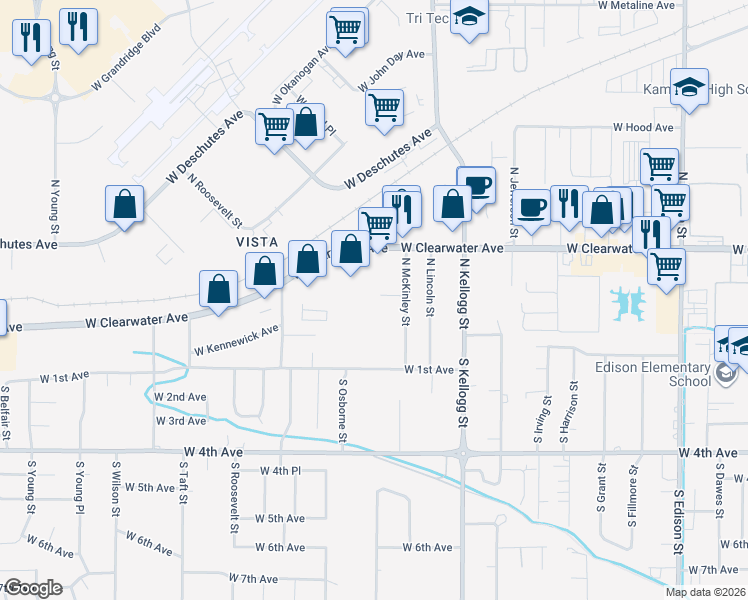 map of restaurants, bars, coffee shops, grocery stores, and more near 6209 West Albany Court in Kennewick