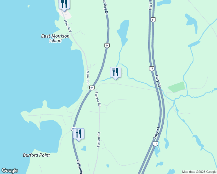 map of restaurants, bars, coffee shops, grocery stores, and more near 32-84 Nipissing Street in Parry Sound District