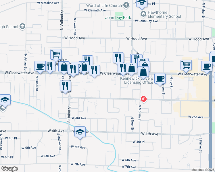 map of restaurants, bars, coffee shops, grocery stores, and more near 30 North Sheppard Place in Kennewick