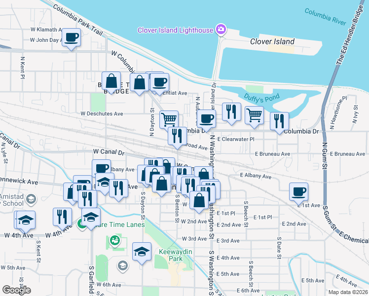 map of restaurants, bars, coffee shops, grocery stores, and more near 204 North Benton Street in Kennewick