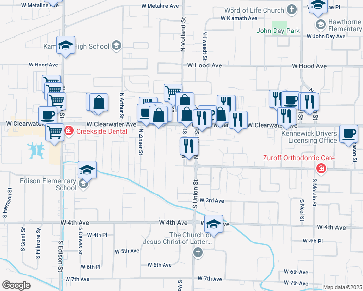 map of restaurants, bars, coffee shops, grocery stores, and more near 115 North Volland Street in Kennewick