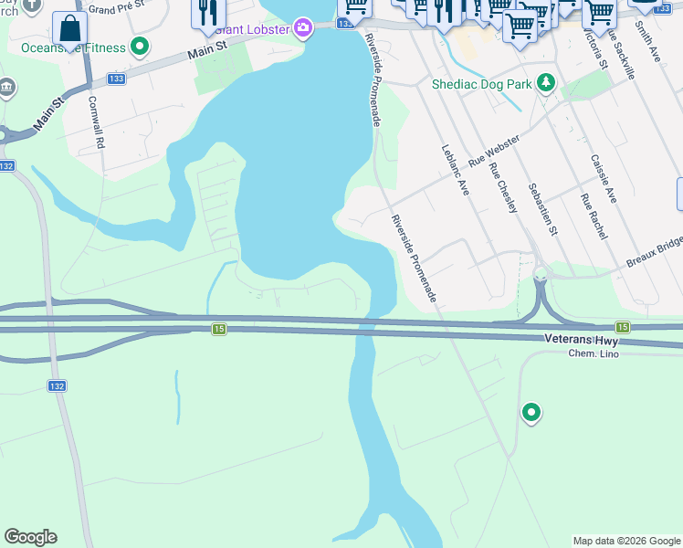 map of restaurants, bars, coffee shops, grocery stores, and more near 410 Cornwall Road in Shediac