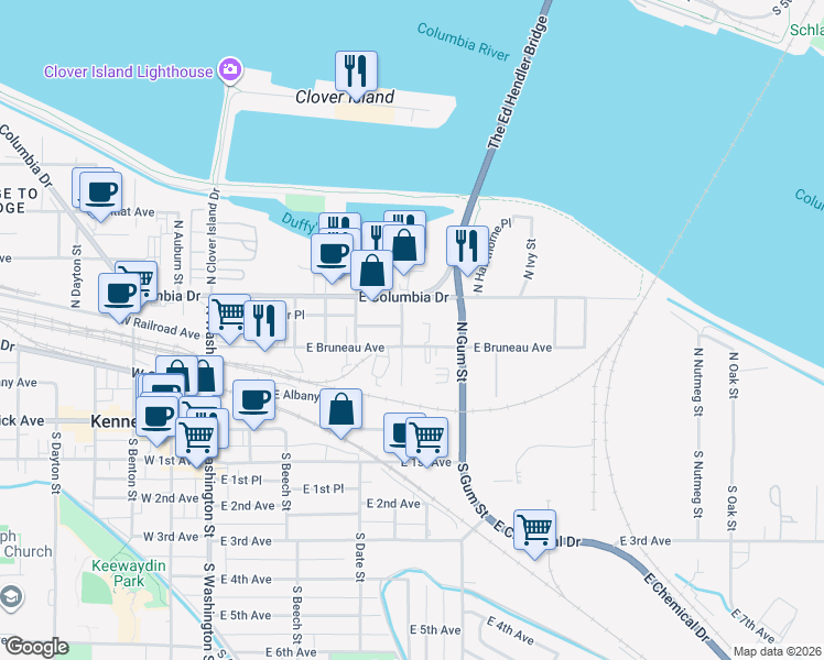 map of restaurants, bars, coffee shops, grocery stores, and more near 508 East Bruneau Avenue in Kennewick