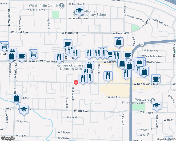 map of restaurants, bars, coffee shops, grocery stores, and more near 1-99 N Johnson St in Kennewick