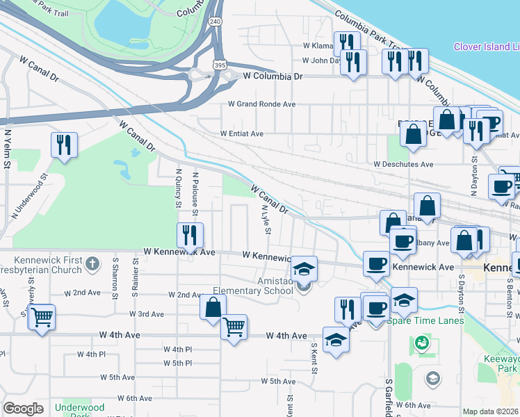 map of restaurants, bars, coffee shops, grocery stores, and more near 100 North Mayfield Street in Kennewick