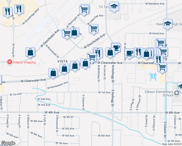 map of restaurants, bars, coffee shops, grocery stores, and more near 6209 West Albany Court in Kennewick