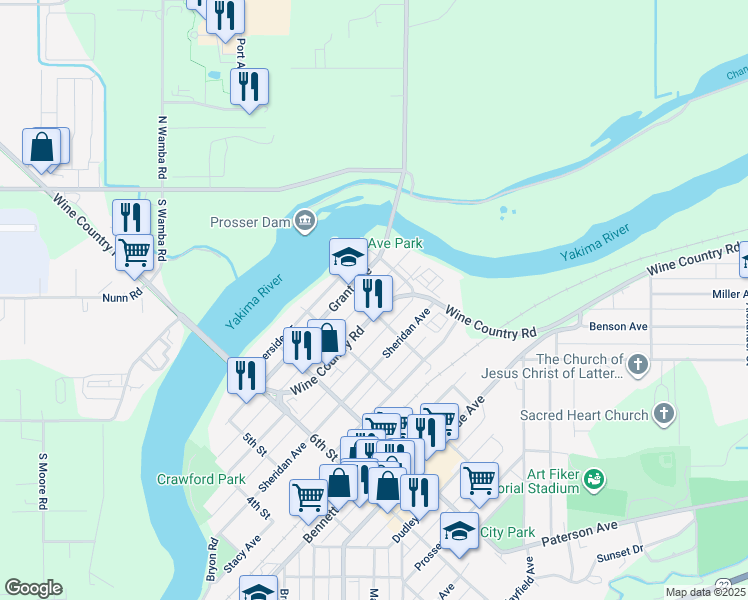 map of restaurants, bars, coffee shops, grocery stores, and more near 1420 Wine Country Rd in Prosser