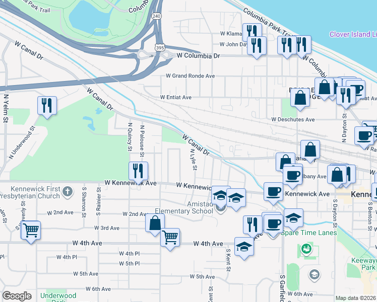 map of restaurants, bars, coffee shops, grocery stores, and more near 100 North Mayfield Street in Kennewick
