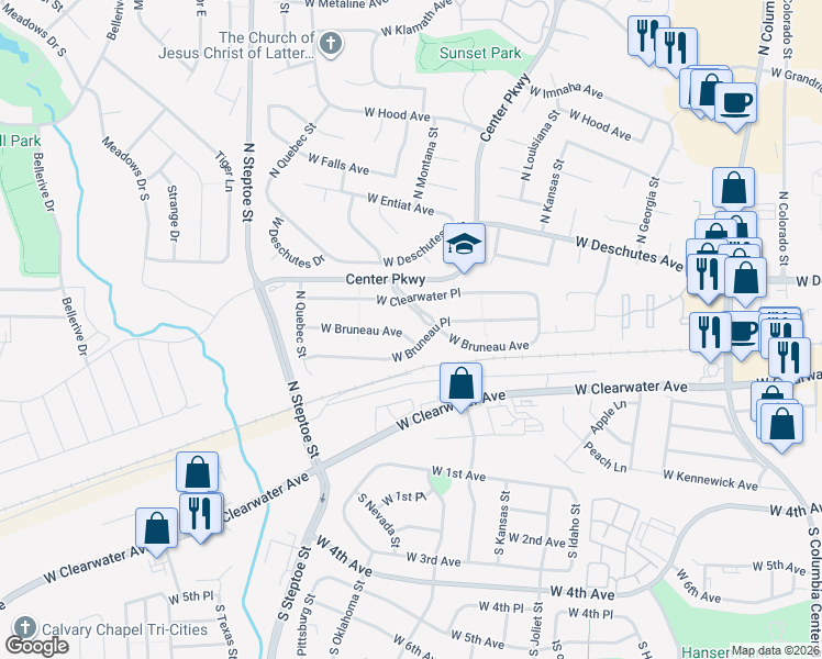 map of restaurants, bars, coffee shops, grocery stores, and more near 8607 West Bruneau Place in Kennewick