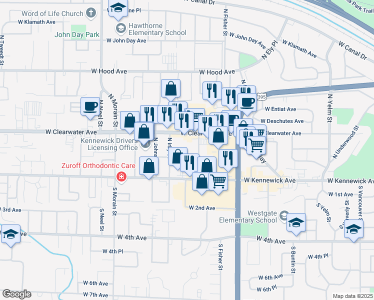 map of restaurants, bars, coffee shops, grocery stores, and more near 115 North Huntington Street in Kennewick