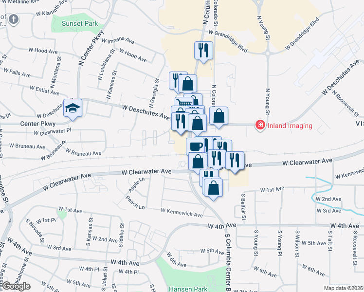 map of restaurants, bars, coffee shops, grocery stores, and more near 307 N Columbia Center Blvd in Kennewick