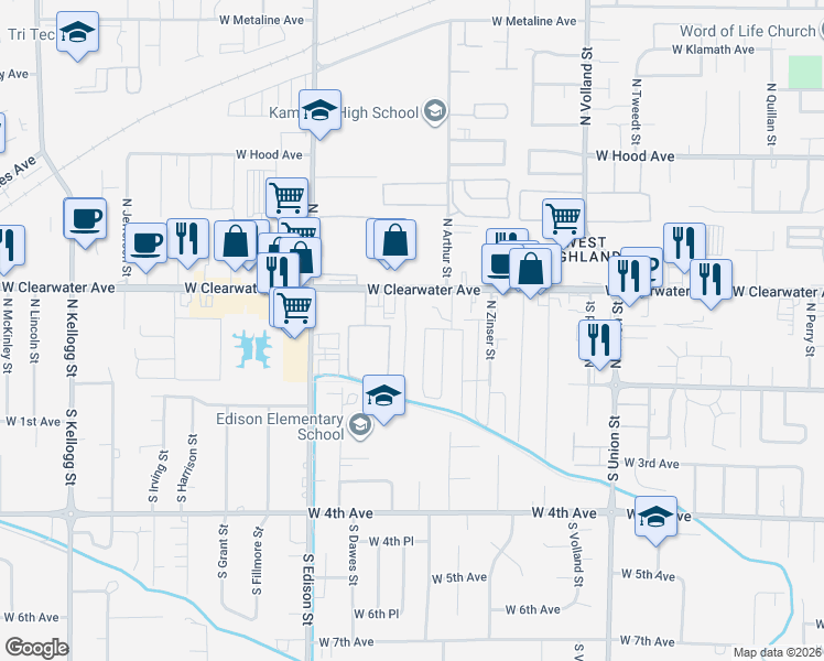 map of restaurants, bars, coffee shops, grocery stores, and more near 5009 West Clearwater Avenue in Kennewick