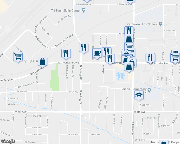map of restaurants, bars, coffee shops, grocery stores, and more near 5717 West Clearwater Avenue in Kennewick