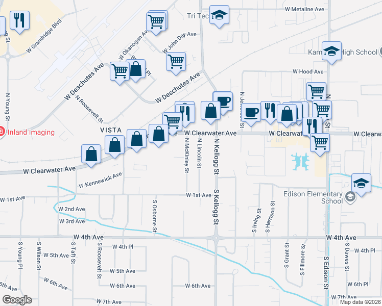 map of restaurants, bars, coffee shops, grocery stores, and more near 202-298 North McKinley Street in Kennewick