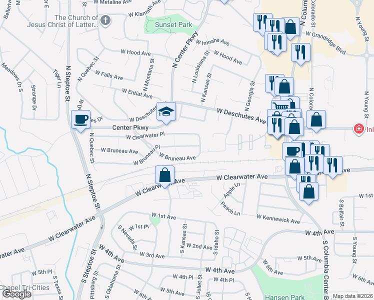 map of restaurants, bars, coffee shops, grocery stores, and more near 8203 West Clearwater Place in Kennewick