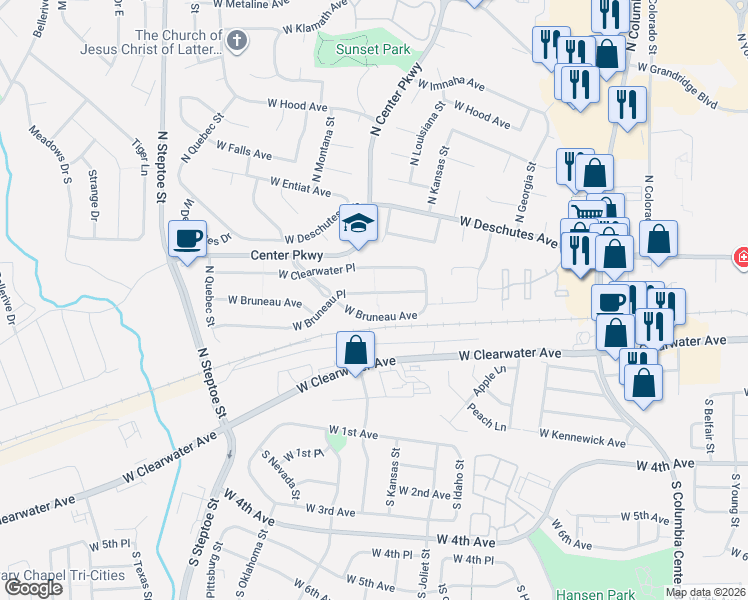 map of restaurants, bars, coffee shops, grocery stores, and more near 8313 West Clearwater Place in Kennewick