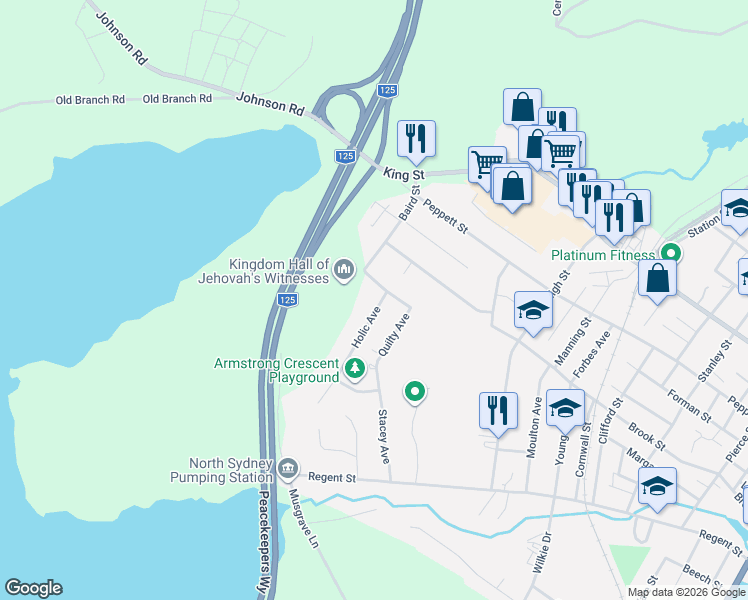 map of restaurants, bars, coffee shops, grocery stores, and more near in North Sydney