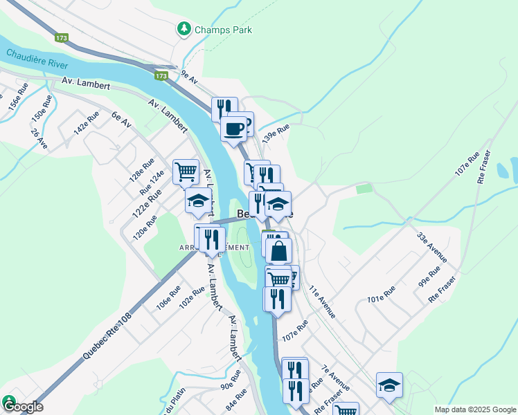 map of restaurants, bars, coffee shops, grocery stores, and more near 573 Boulevard Renault in Beauceville