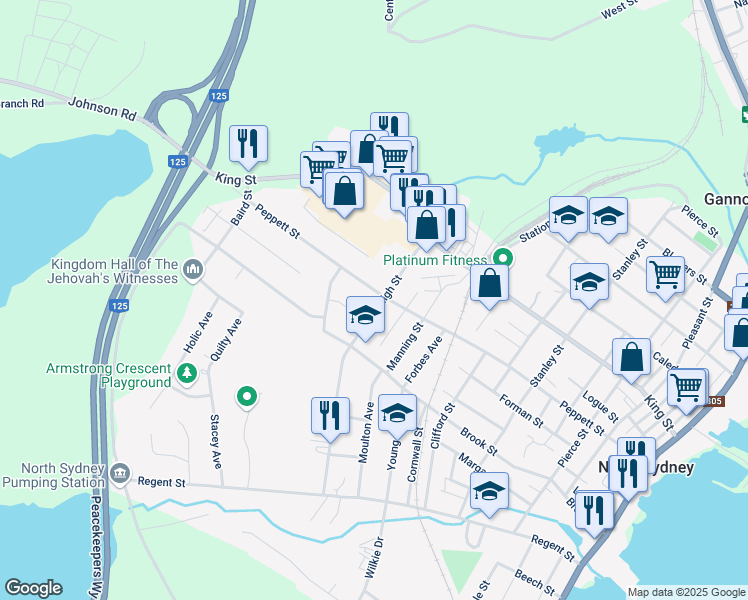 map of restaurants, bars, coffee shops, grocery stores, and more near 66 High Street in Sydney