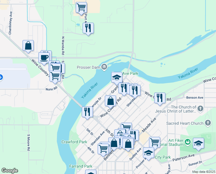 map of restaurants, bars, coffee shops, grocery stores, and more near 1425 Riverside Drive in Prosser