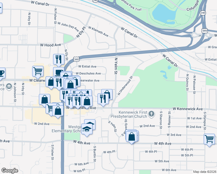 map of restaurants, bars, coffee shops, grocery stores, and more near 2413 West Clearwater Avenue in Kennewick