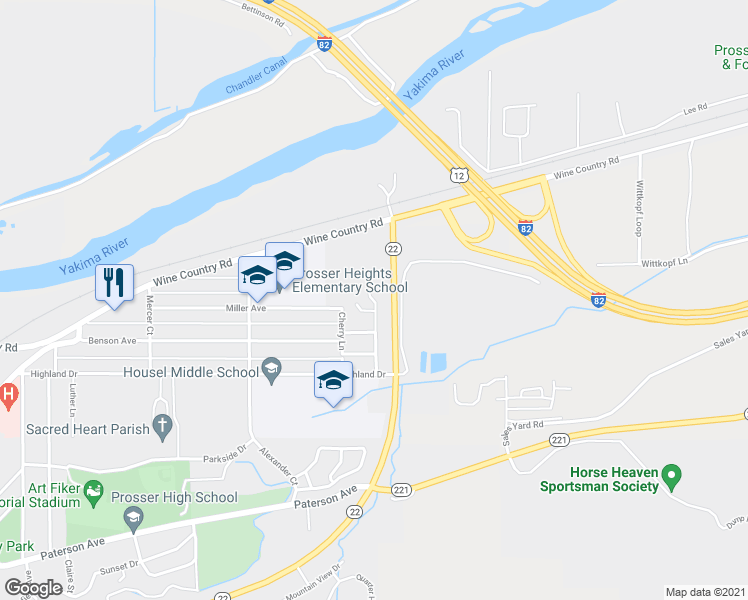 map of restaurants, bars, coffee shops, grocery stores, and more near 517 Eastgate Drive in Prosser