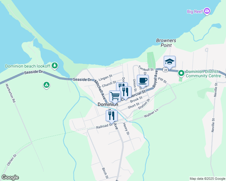 map of restaurants, bars, coffee shops, grocery stores, and more near 30 Pleasant Street in Dominion