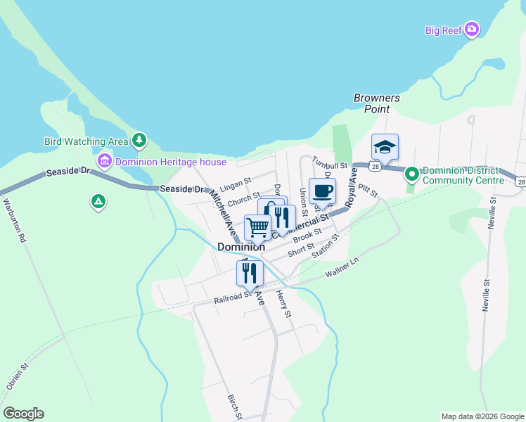 map of restaurants, bars, coffee shops, grocery stores, and more near 16 Pleasant Street in Dominion