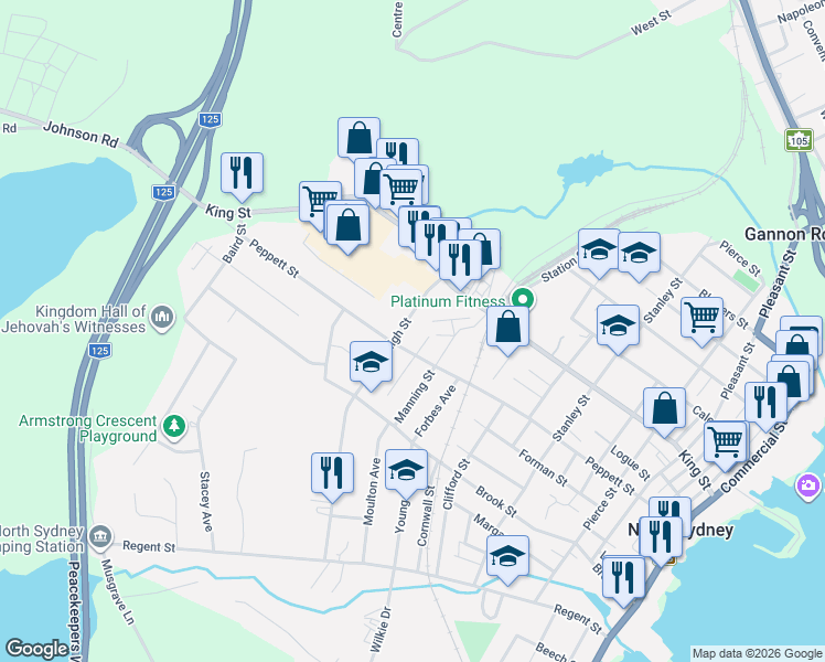 map of restaurants, bars, coffee shops, grocery stores, and more near 71 High Street in Sydney