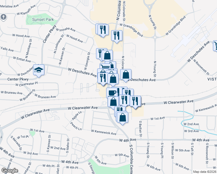 map of restaurants, bars, coffee shops, grocery stores, and more near 321 North Columbia Center Boulevard in Kennewick