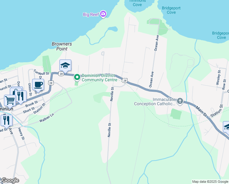 map of restaurants, bars, coffee shops, grocery stores, and more near 55 Neville Street in Dominion