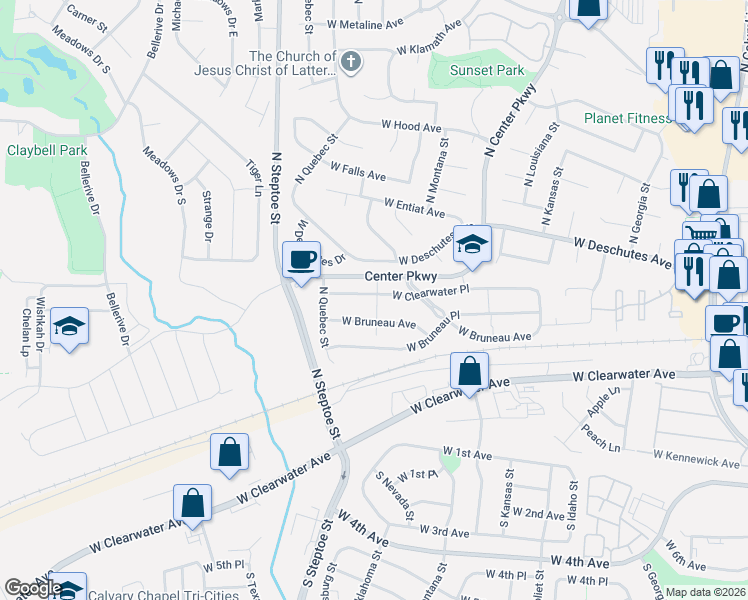 map of restaurants, bars, coffee shops, grocery stores, and more near 8711 West Clearwater Place in Kennewick