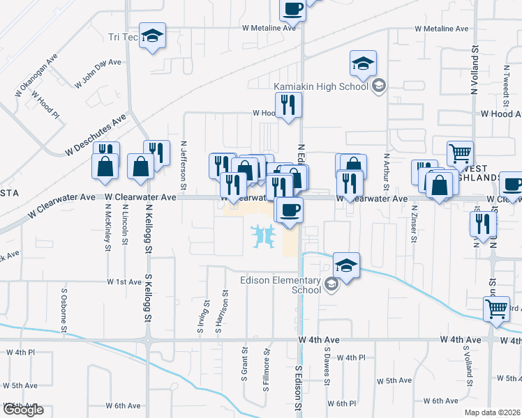 map of restaurants, bars, coffee shops, grocery stores, and more near 5219 West Clearwater Avenue in Kennewick