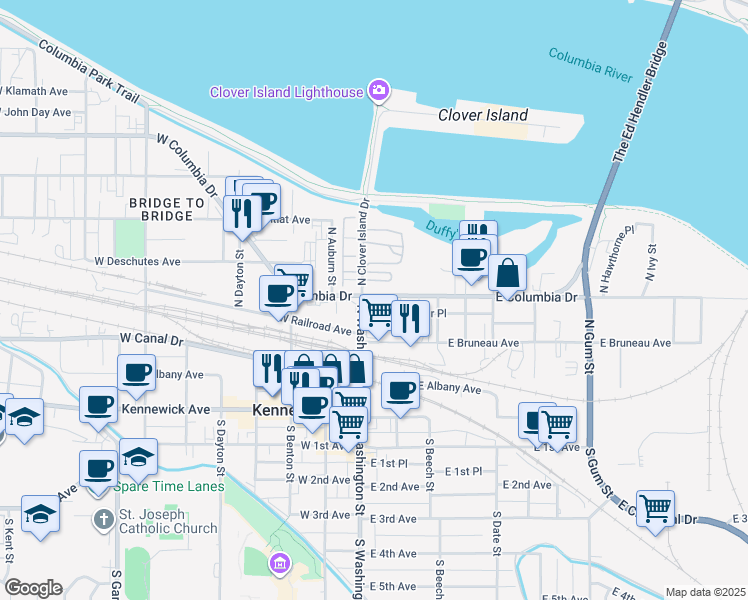 map of restaurants, bars, coffee shops, grocery stores, and more near 4 East Columbia Drive in Kennewick
