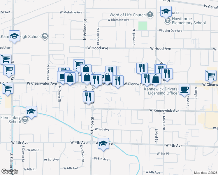 map of restaurants, bars, coffee shops, grocery stores, and more near 4215 W Clearwater in Kennewick