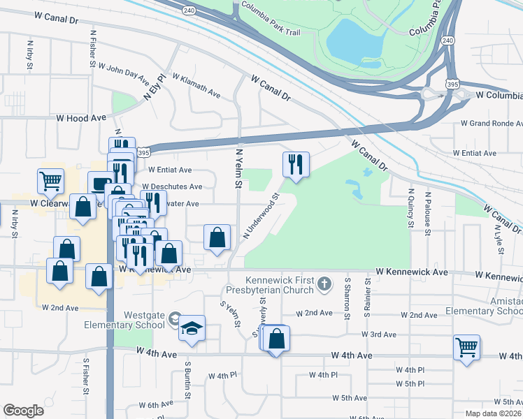 map of restaurants, bars, coffee shops, grocery stores, and more near 219 North Underwood Street in Kennewick