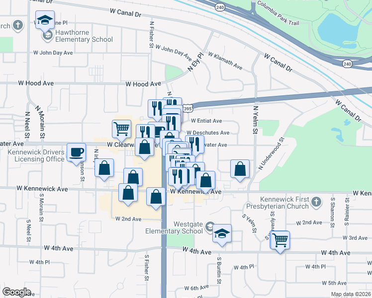 map of restaurants, bars, coffee shops, grocery stores, and more near 2604 West Bruneau Place in Kennewick