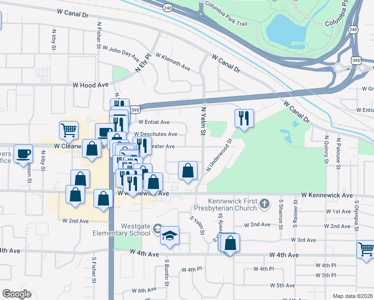 map of restaurants, bars, coffee shops, grocery stores, and more near 2413 West Clearwater Avenue in Kennewick