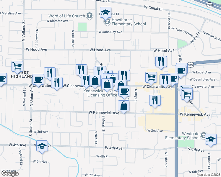 map of restaurants, bars, coffee shops, grocery stores, and more near 3517 West Clearwater Avenue in Kennewick