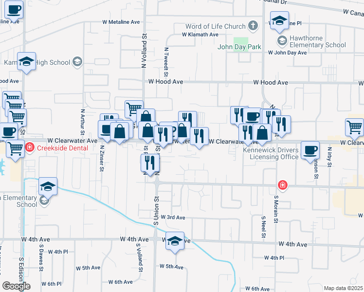 map of restaurants, bars, coffee shops, grocery stores, and more near 4215 West Clearwater Avenue in Kennewick