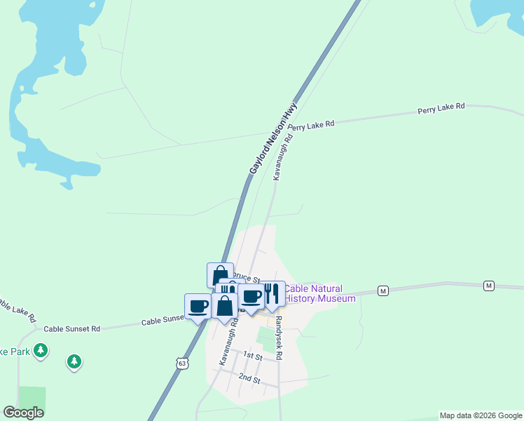 map of restaurants, bars, coffee shops, grocery stores, and more near 43730 Kavanaugh Road in Cable