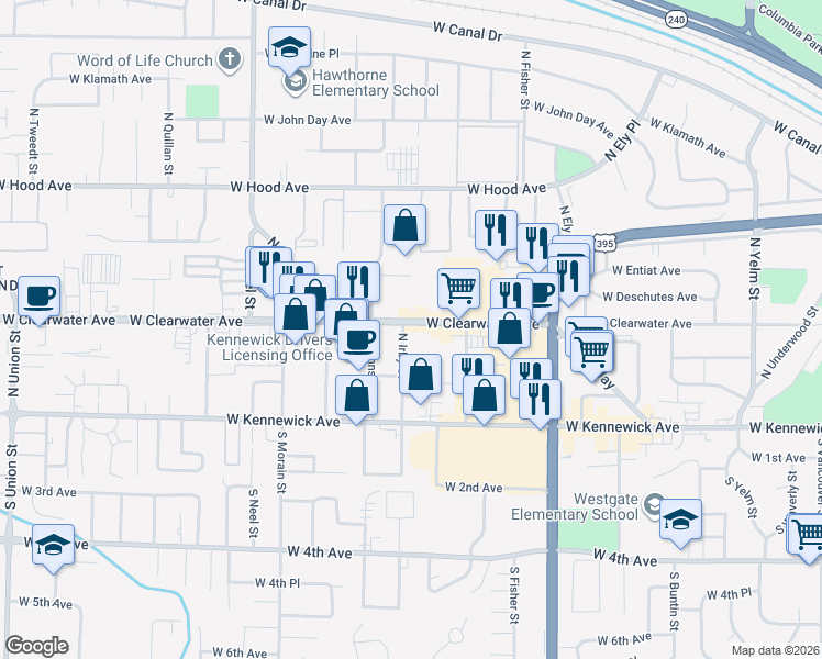 map of restaurants, bars, coffee shops, grocery stores, and more near 3131 West Clearwater Avenue in Kennewick